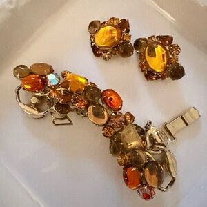 Weiss Bracelet  and matching earring in warm golden amber tones Vintage!